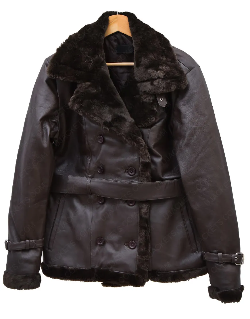 Belted Sheepskin Black Leather Jacket Coat For Women