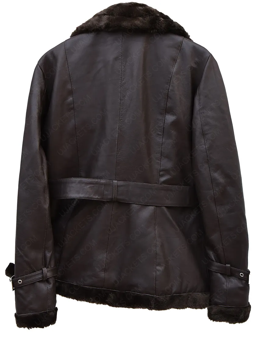 Belted Sheepskin Black Leather Jacket Coat For Women