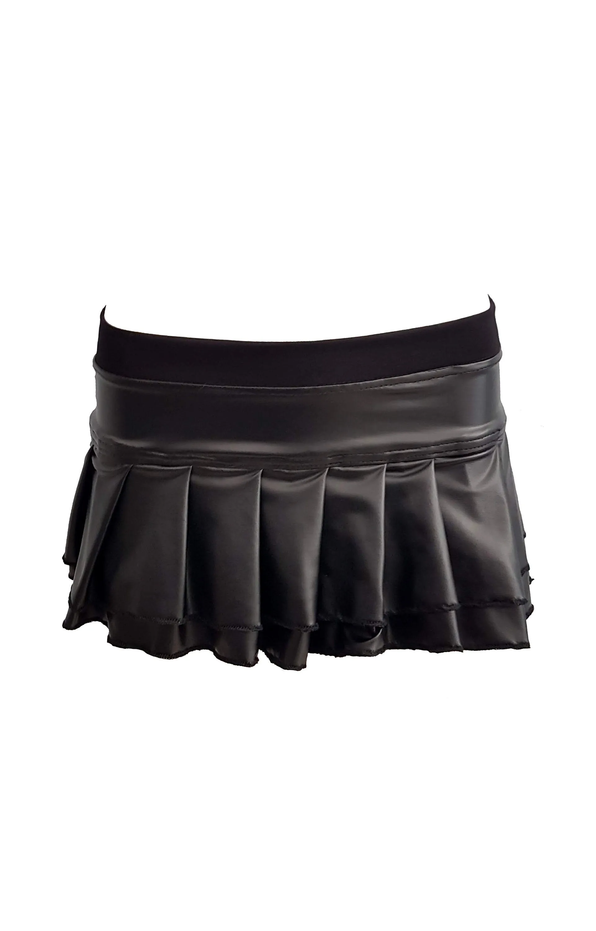 Black liquid ink wet look micro mini pleated skirt