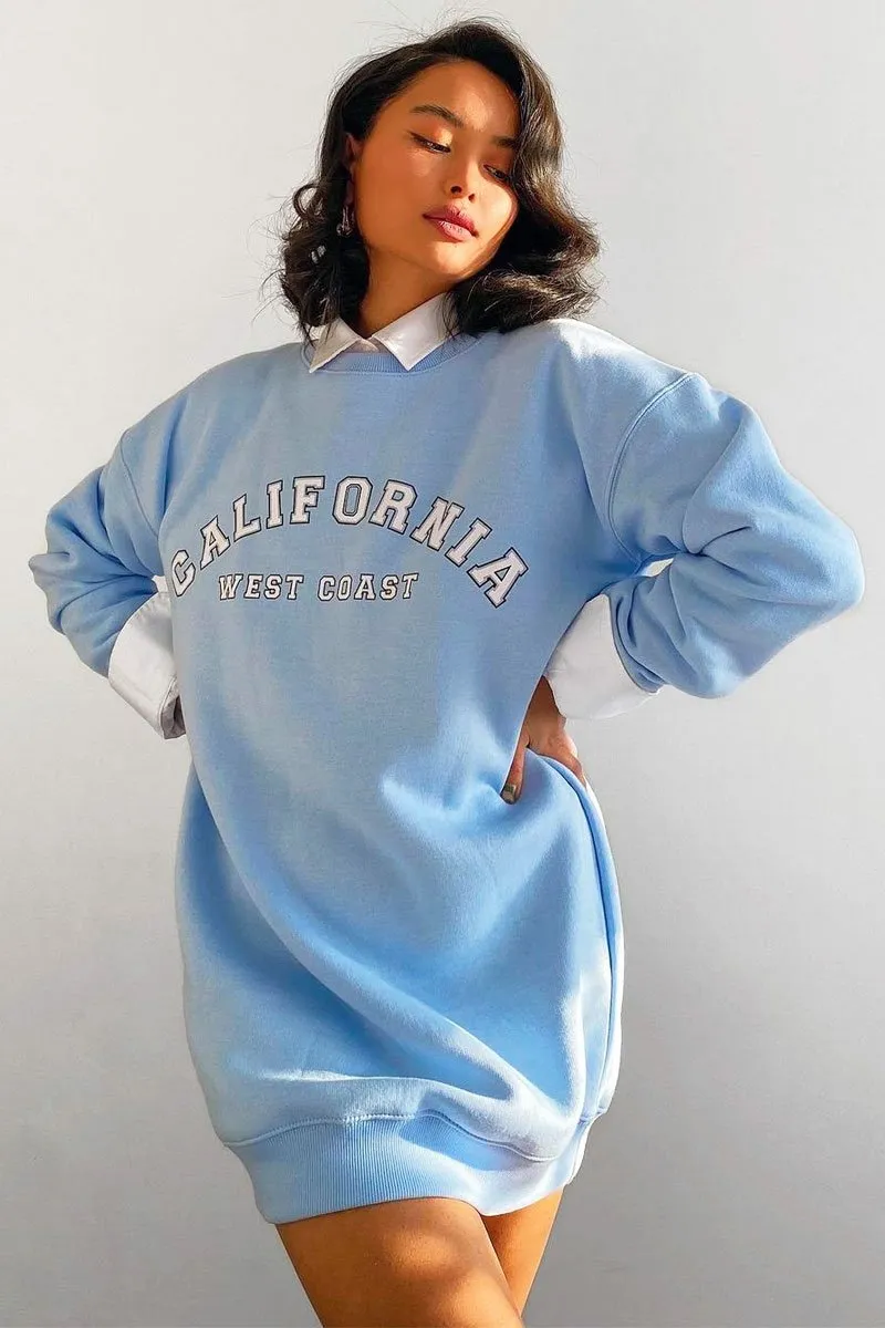 Blue California Slogan Sweater Mini Dress - Immi