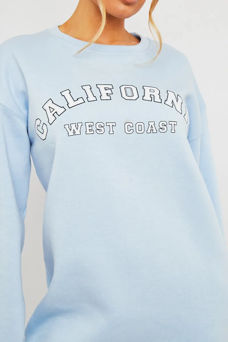 Blue California Slogan Sweater Mini Dress - Immi