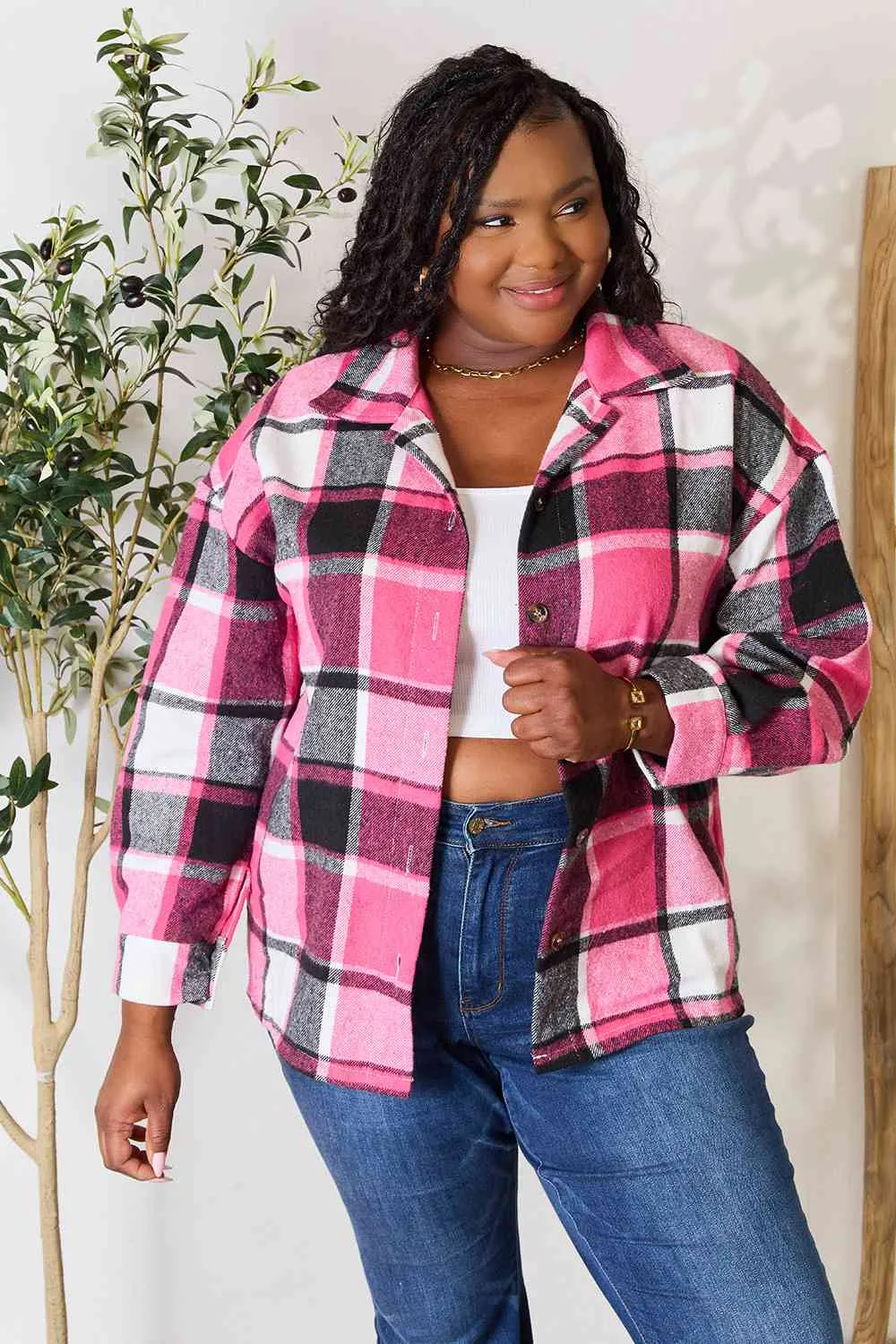 Blush Pink Plaid Button Up Jacket