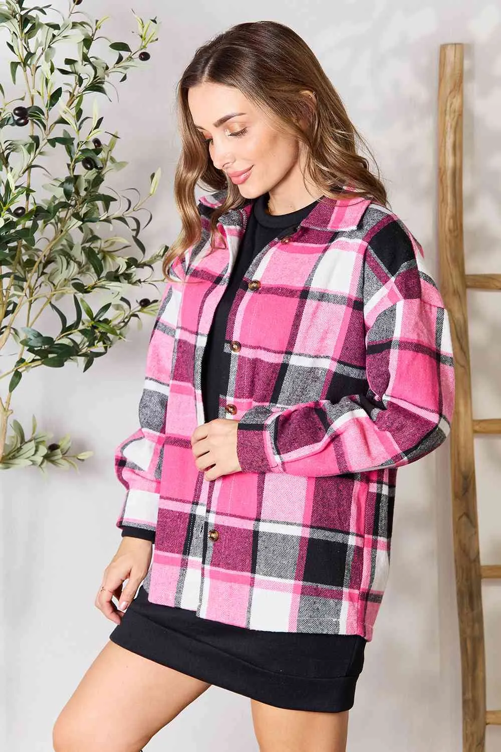 Blush Pink Plaid Button Up Jacket