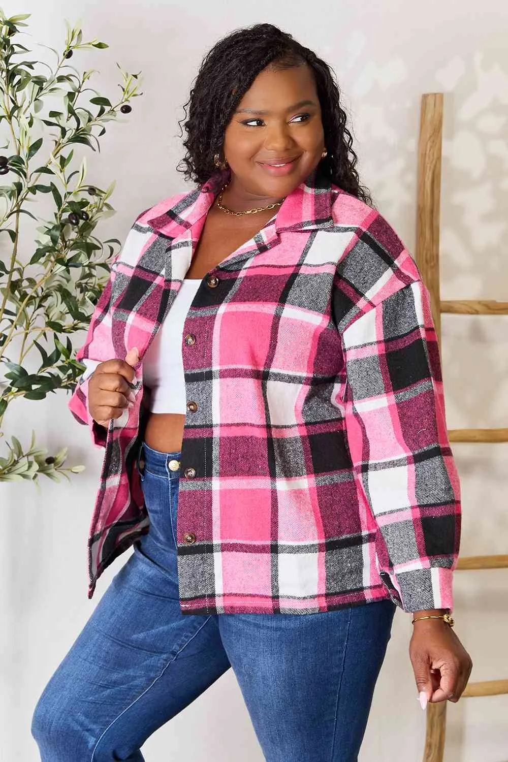 Blush Pink Plaid Button Up Jacket