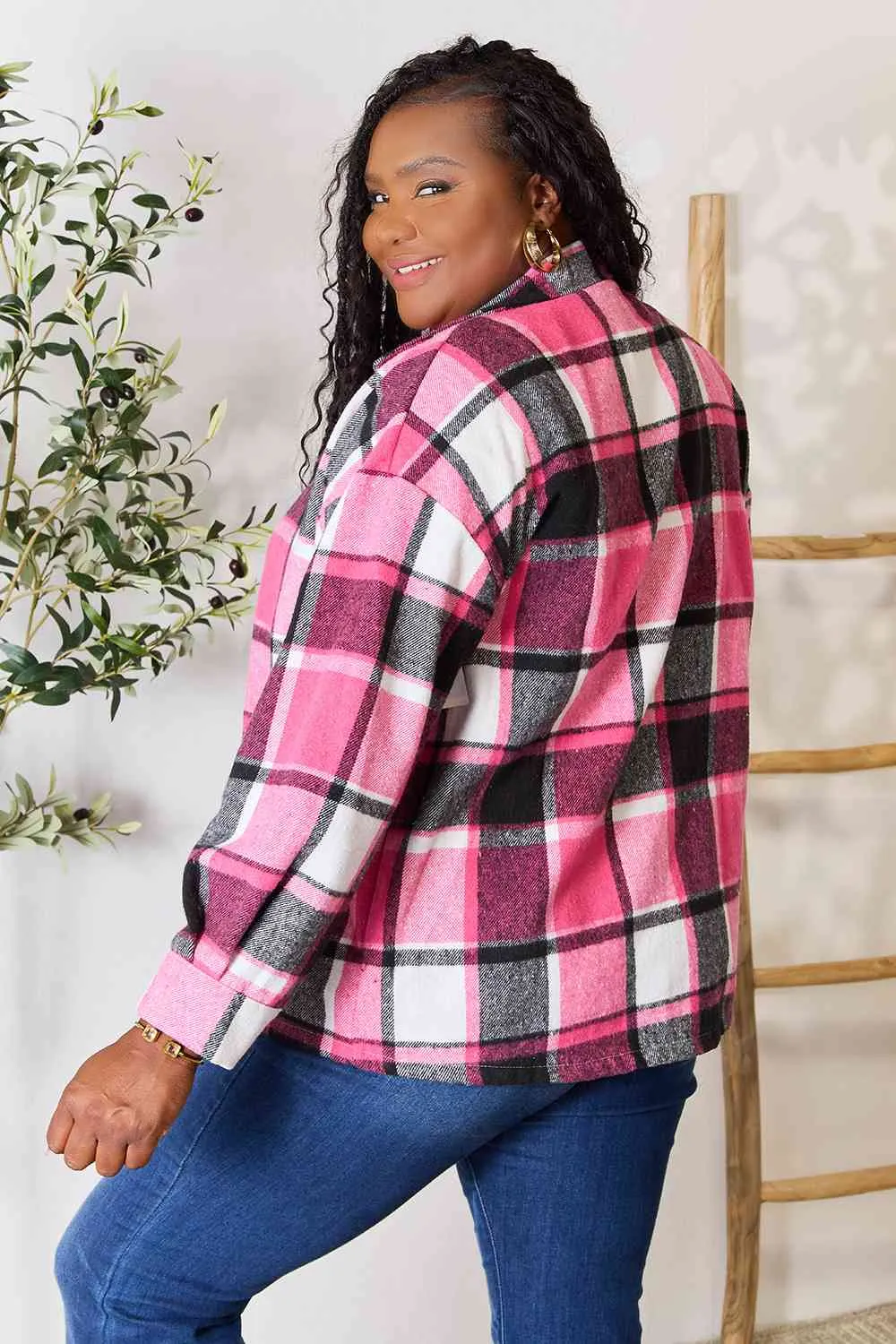 Blush Pink Plaid Button Up Jacket