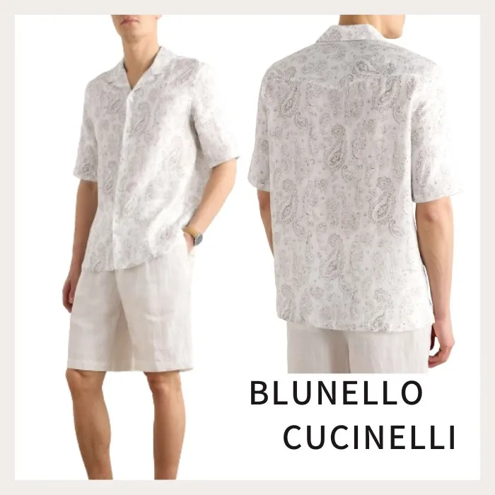 BRUNELLO CUCINELLI  |Paisley Unisex Linen Street Style Short Sleeves Shirts