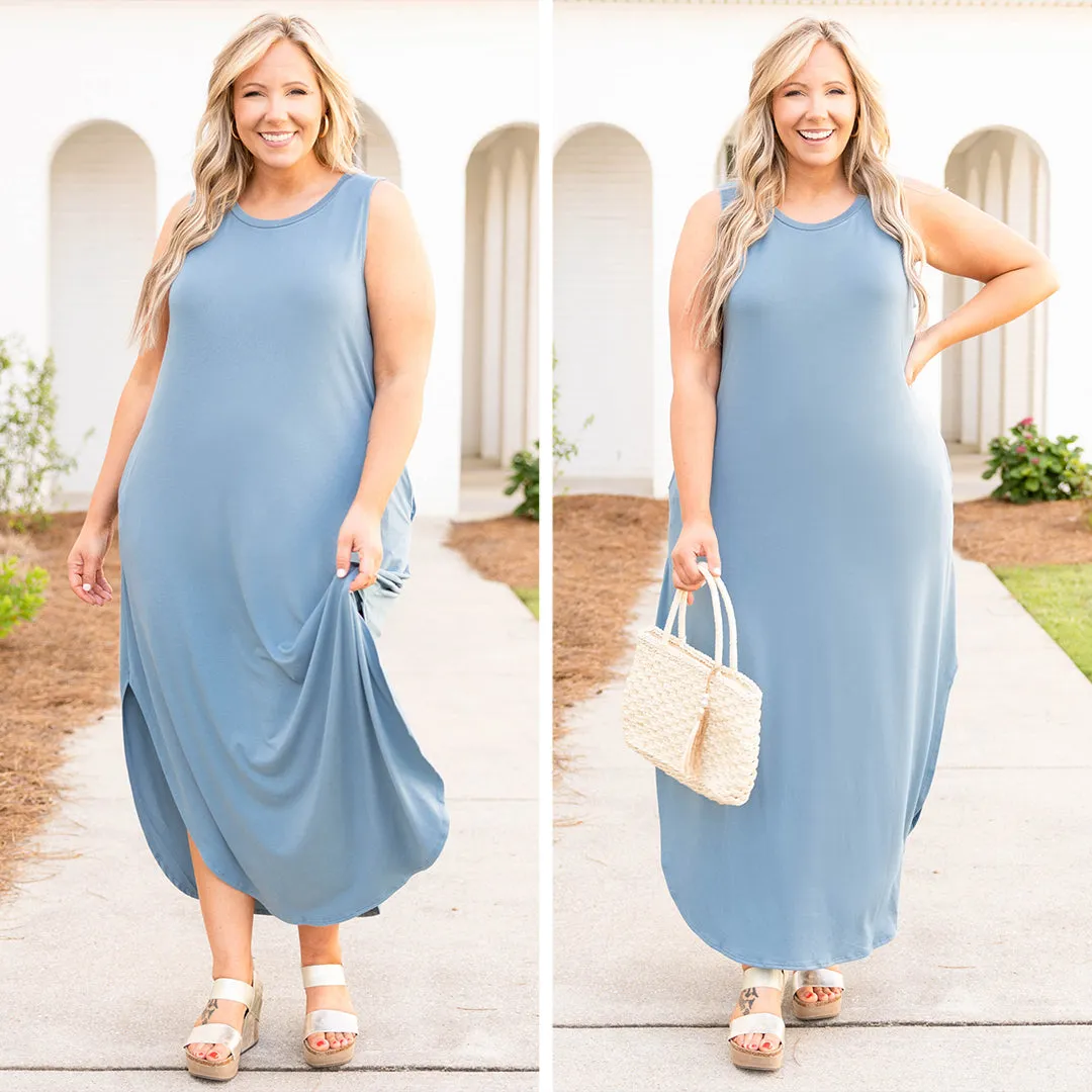 But First Wine Maxi Dress, Blue Grey