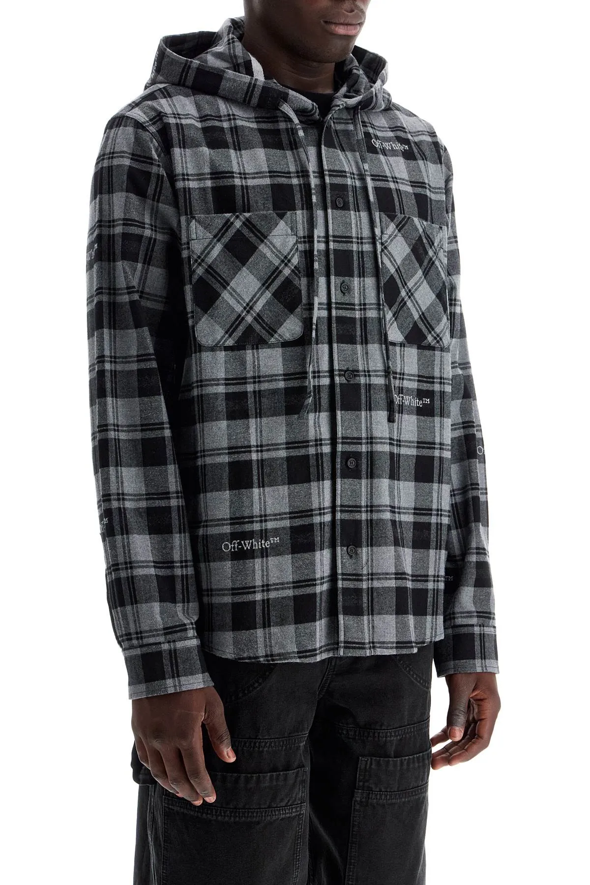 checked overshirt with hood OMGE031C99FAB001 DARK GREY BLACK NO COLOR