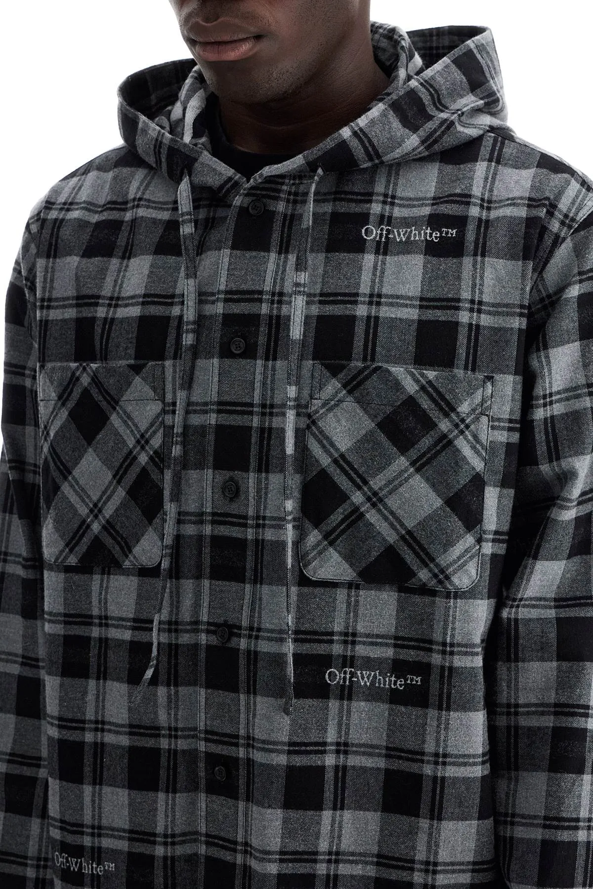 checked overshirt with hood OMGE031C99FAB001 DARK GREY BLACK NO COLOR