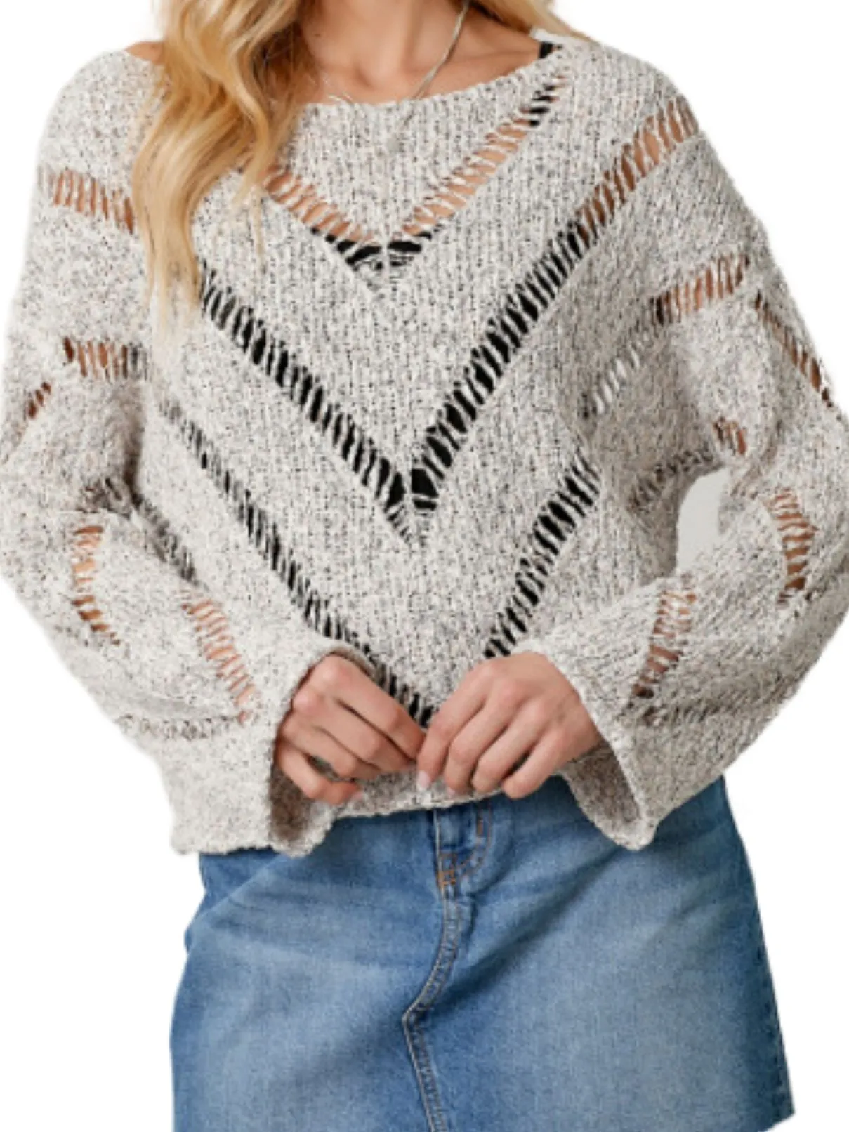 Chevron Knit Pullover Sweater in Melange Grey