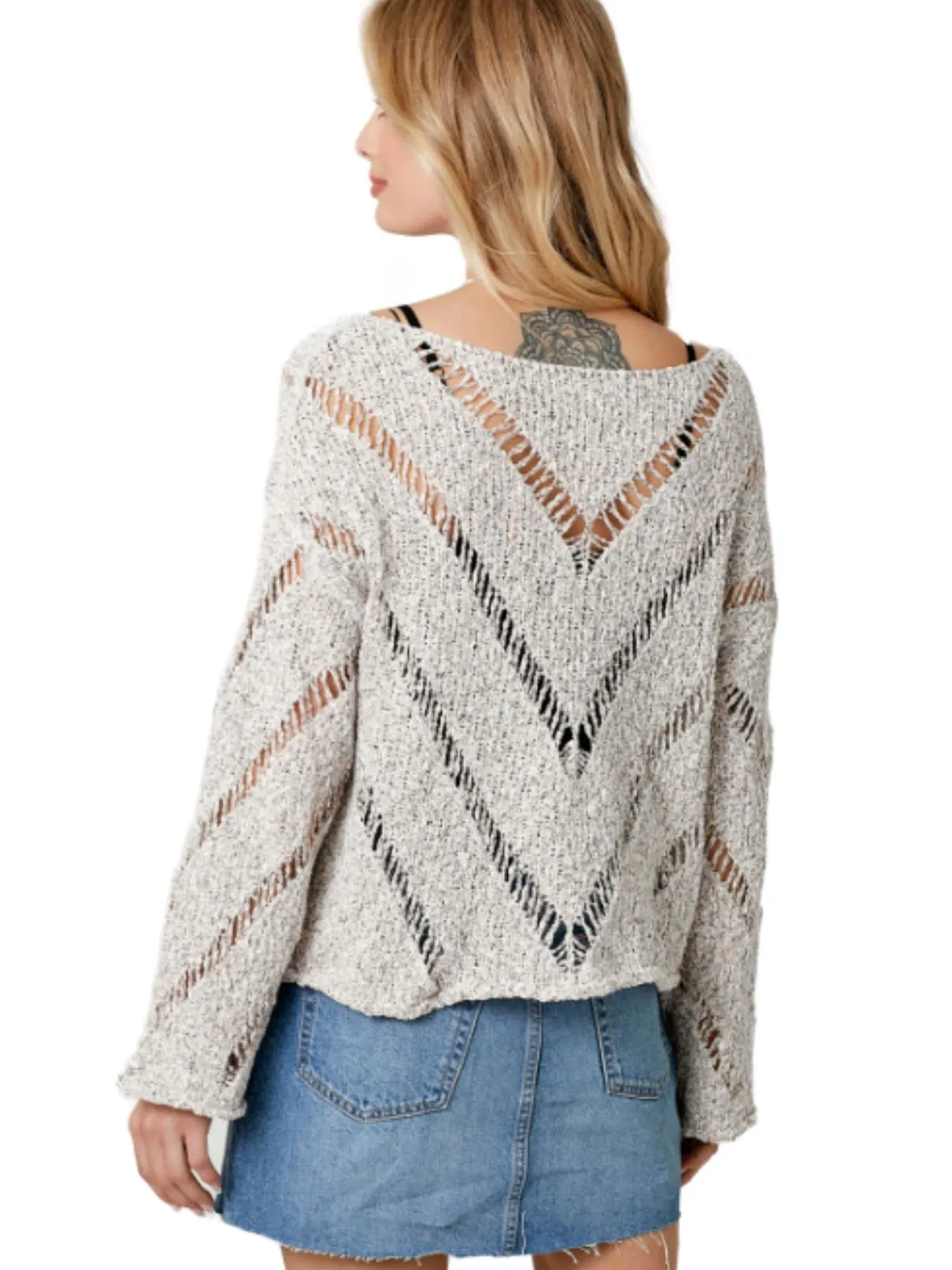 Chevron Knit Pullover Sweater in Melange Grey