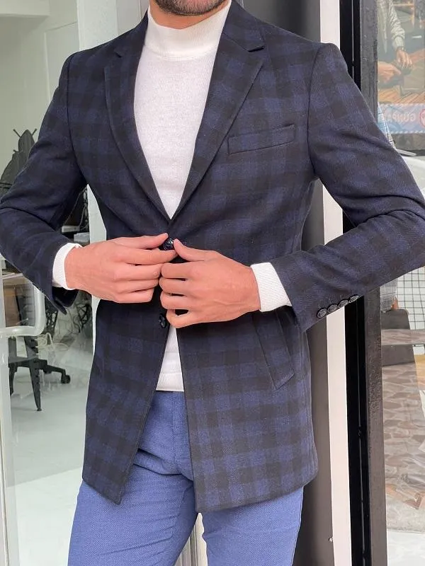 Clemson Navy Blue Slim Fit Plaid Wool Long Coat