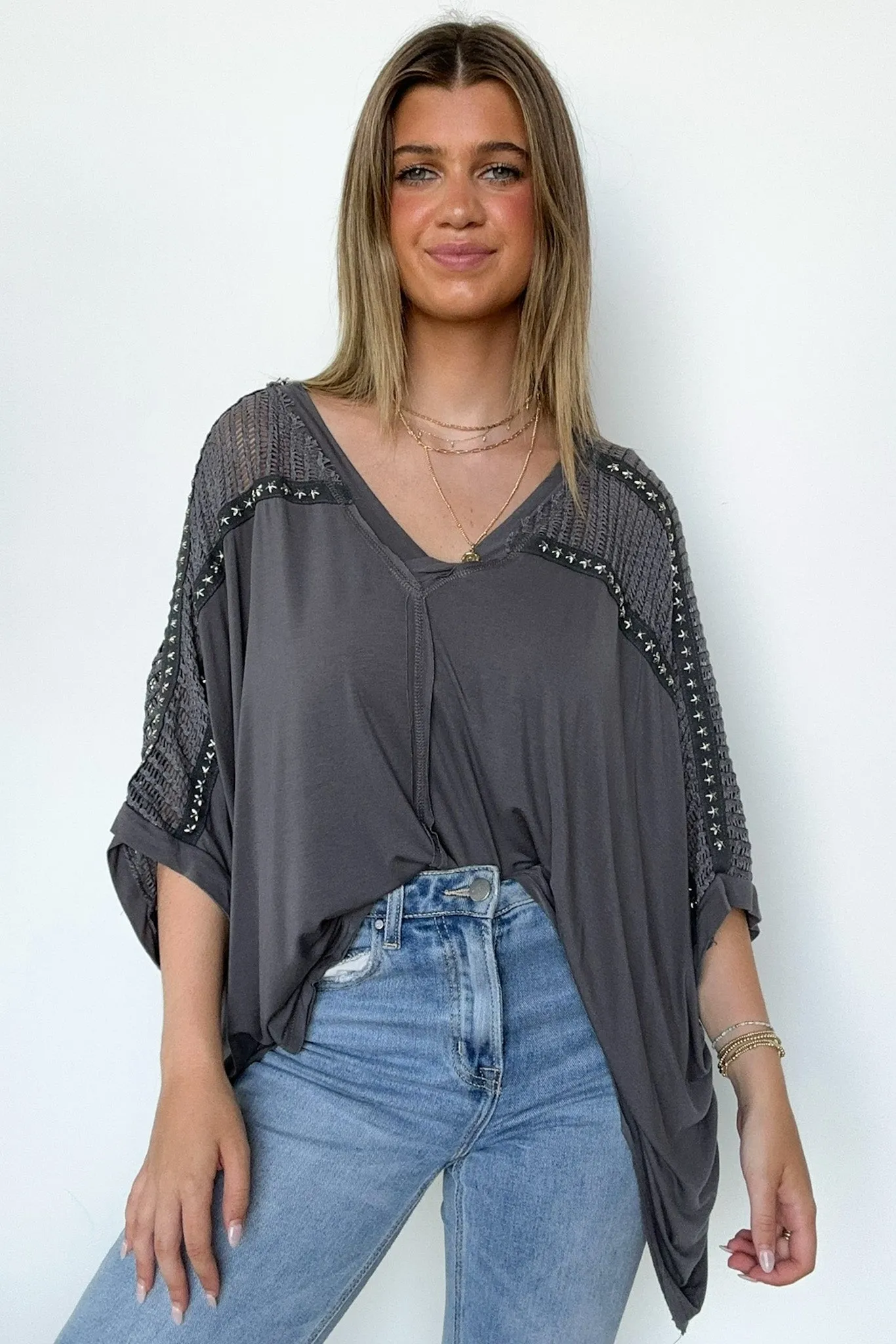 Cristina Oversize Crochet Lace Contrast Top