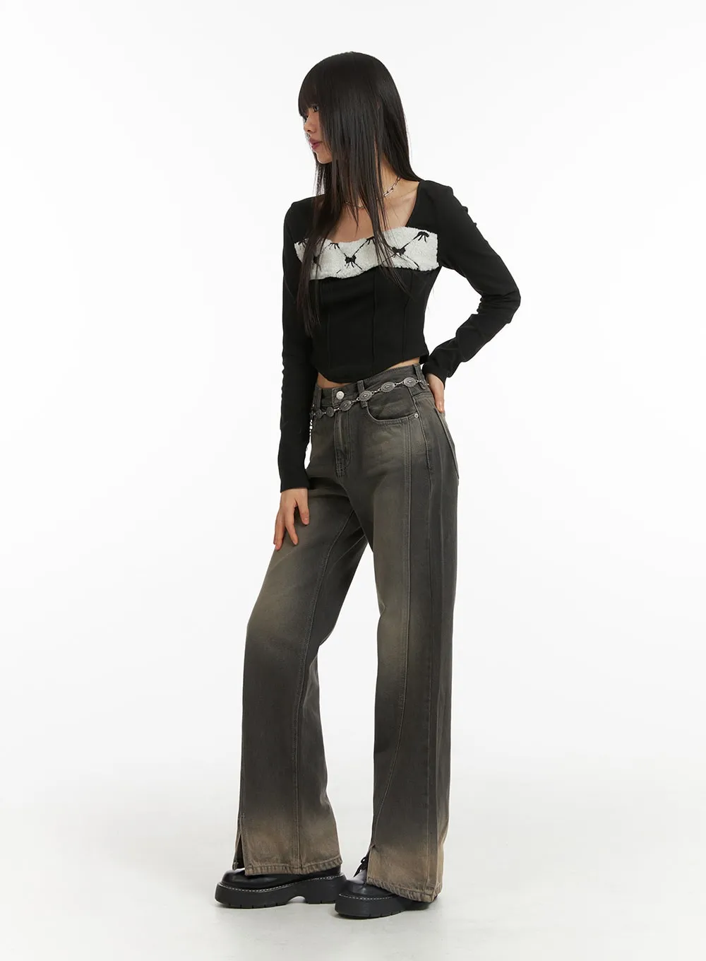 Denim Mid-Waist Solid Flared Jeans CJ415