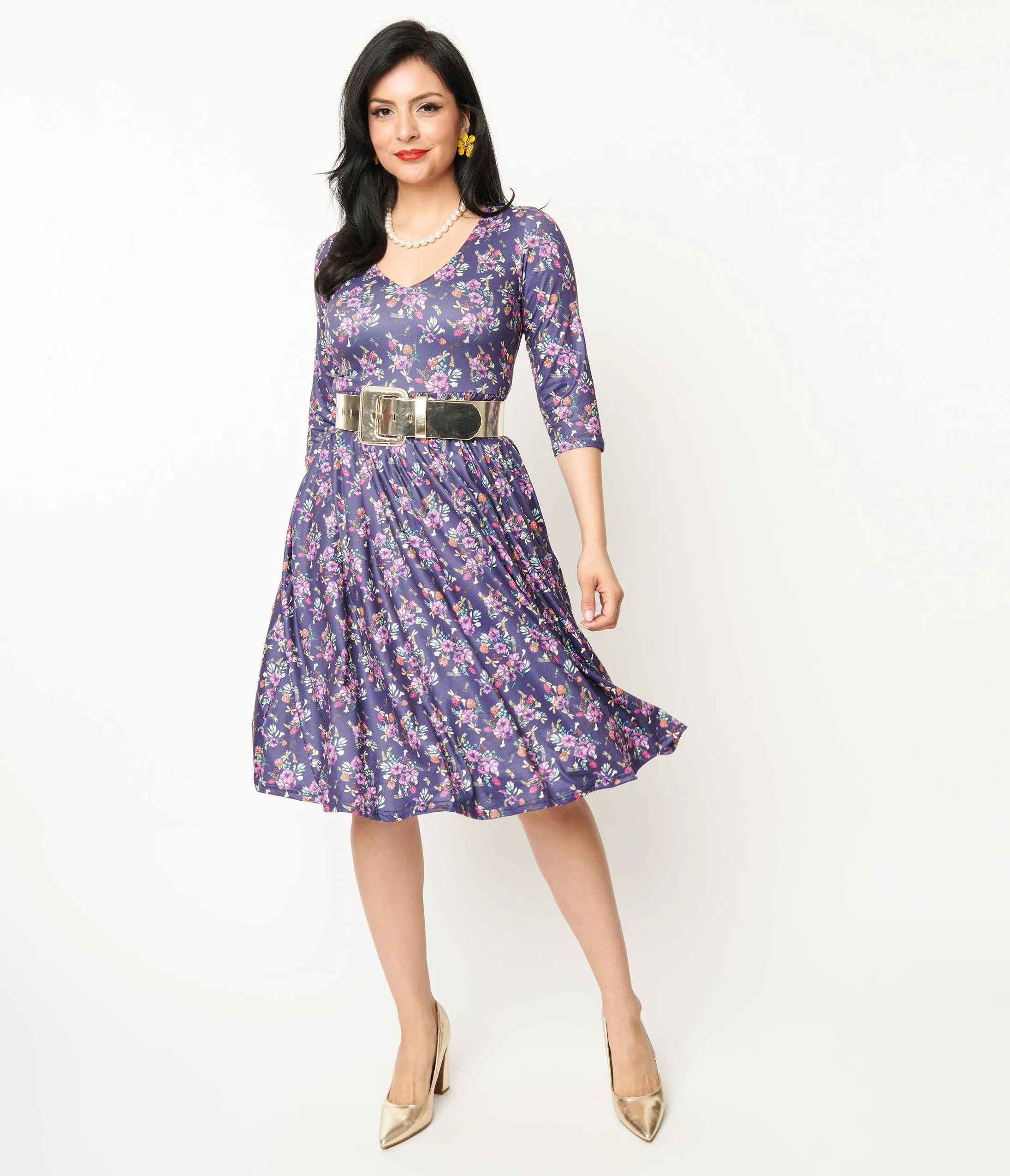 Dolly & Dotty Purple Dragonfly Floral Print Fit & Flare Billie Dress