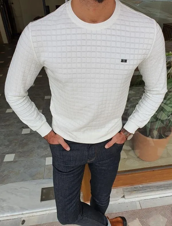 Elko White Slim Fit Crew Neck Patterned Sweater