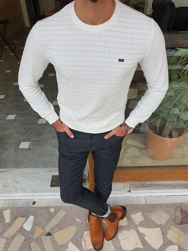 Elko White Slim Fit Crew Neck Patterned Sweater