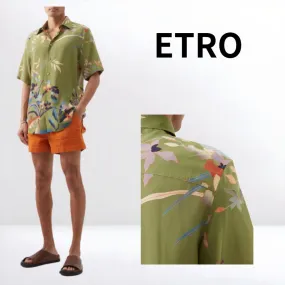 ETRO  |Flower Patterns Silk Short Sleeves Luxury Shirts