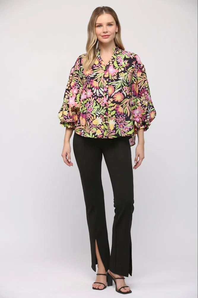 Floral Print Bubble Sleeve Blouse