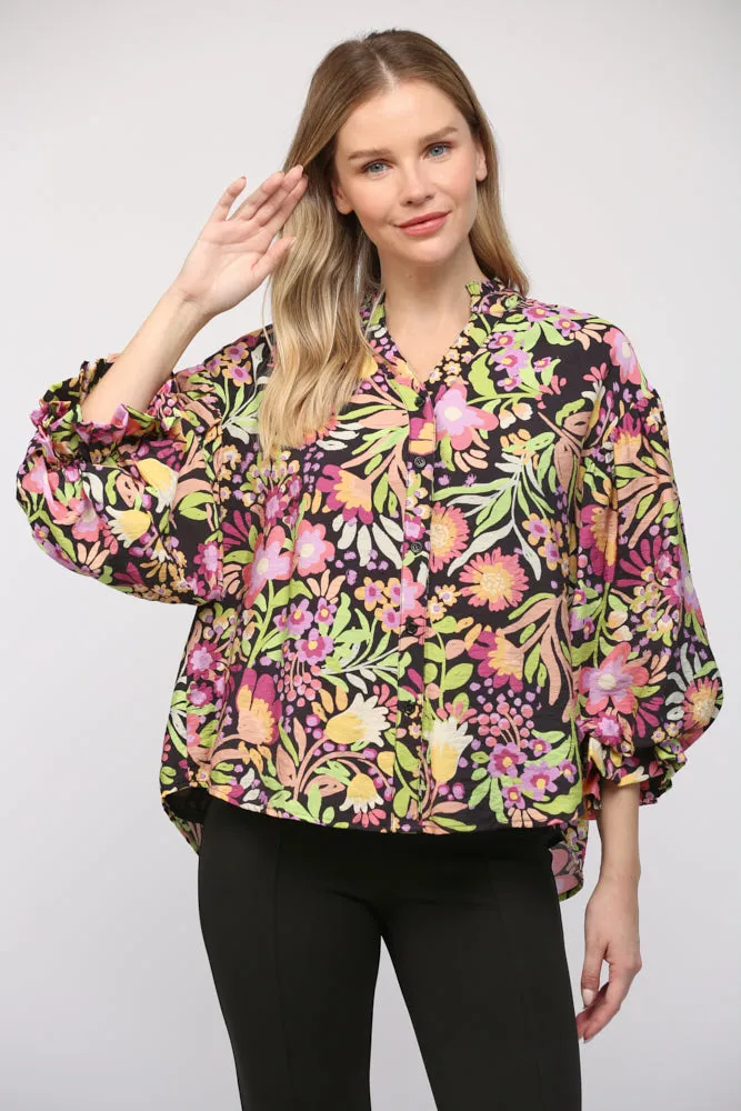 Floral Print Bubble Sleeve Blouse