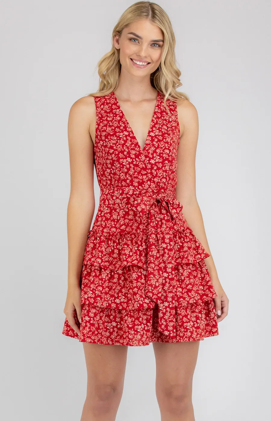 Floral Print Cross Front Dress with Layered Hem (SDR771B)