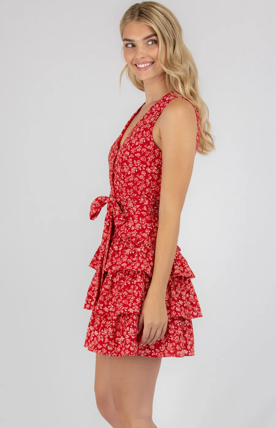 Floral Print Cross Front Dress with Layered Hem (SDR771B)