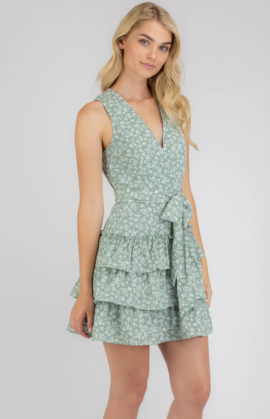 Floral Print Cross Front Dress with Layered Hem (SDR771B)