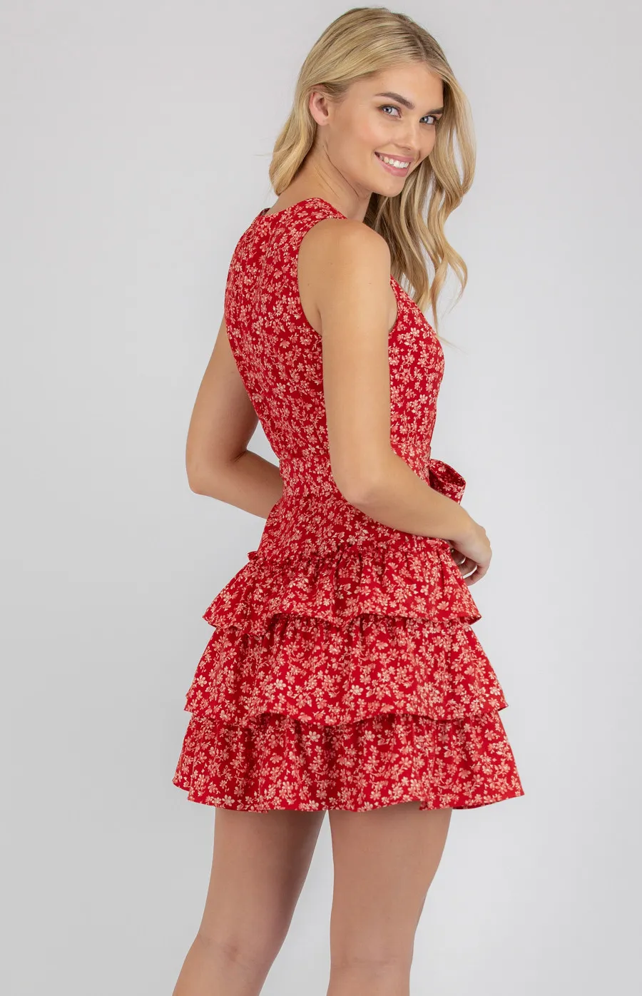 Floral Print Cross Front Dress with Layered Hem (SDR771B)