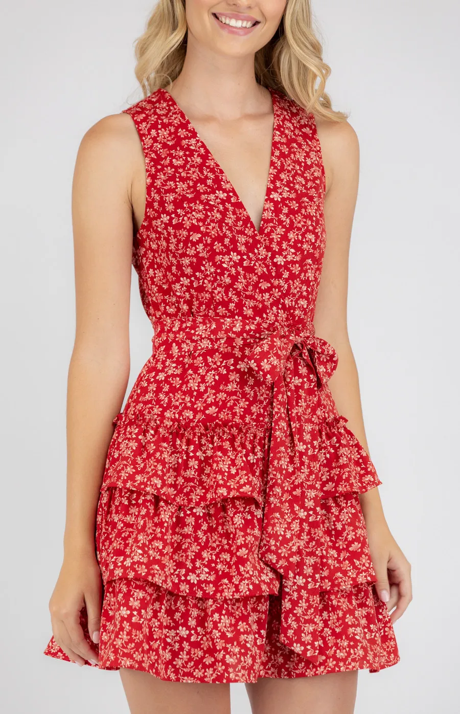 Floral Print Cross Front Dress with Layered Hem (SDR771B)