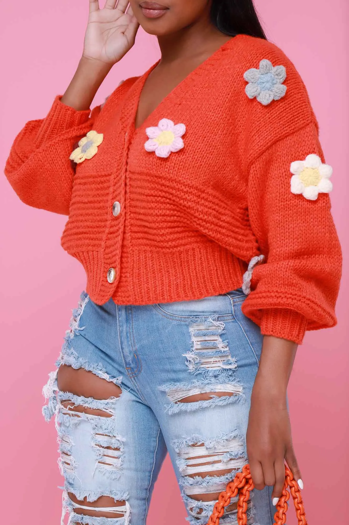 Full Bloom Long Sleeve Floral Cardigan Sweater - Orange