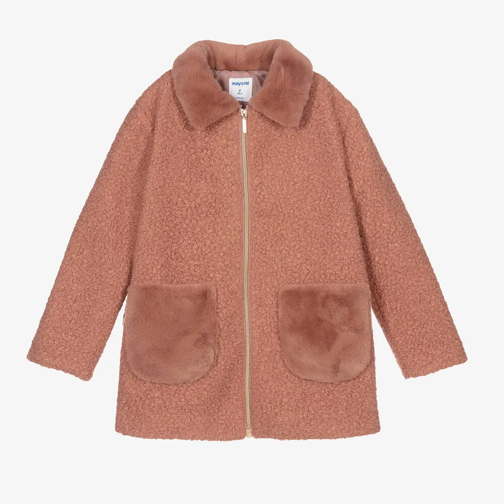 Girls Pink Bouclé Coat