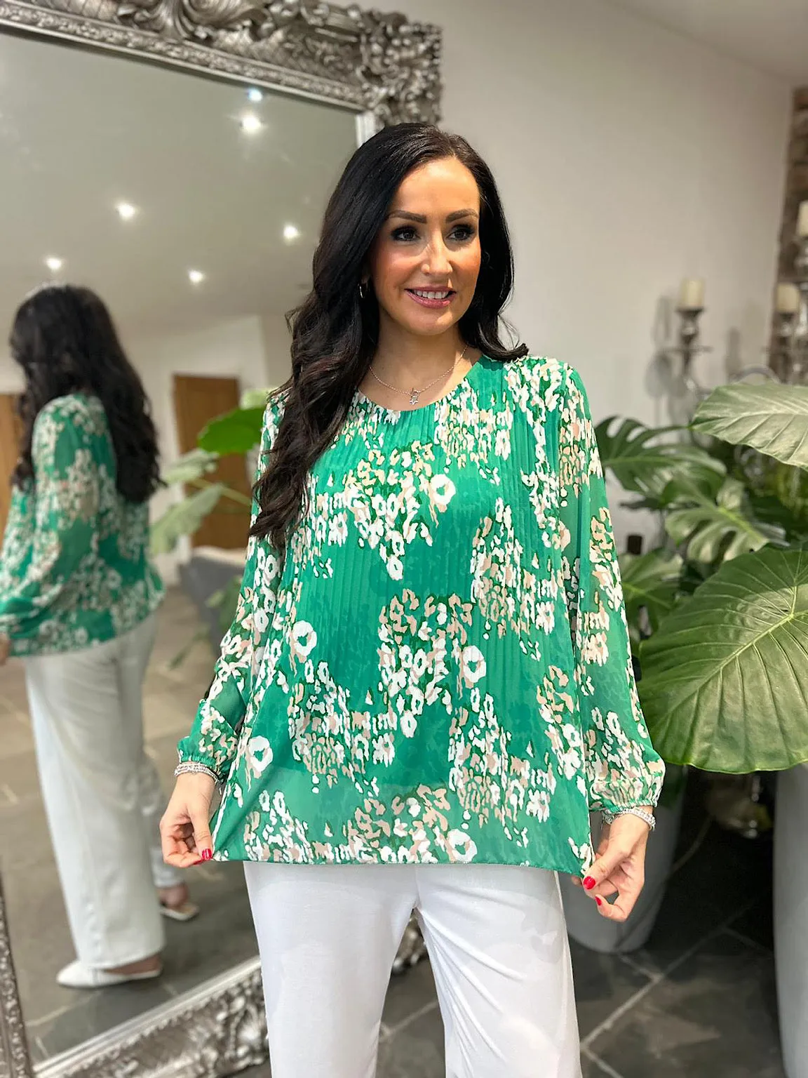 Green Pleated Leopard Blouse Charlotte