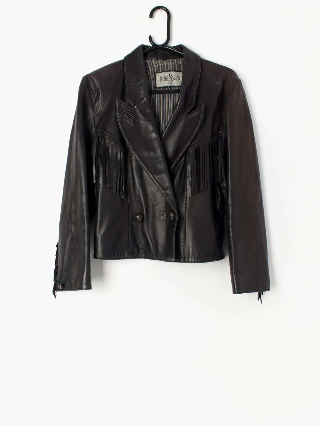 Jane Norris black leather fringed jacket. Made in England – Medium