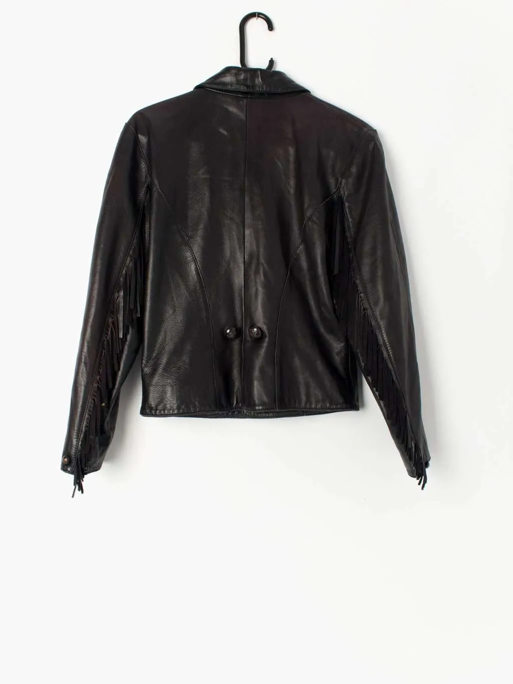 Jane Norris black leather fringed jacket. Made in England – Medium