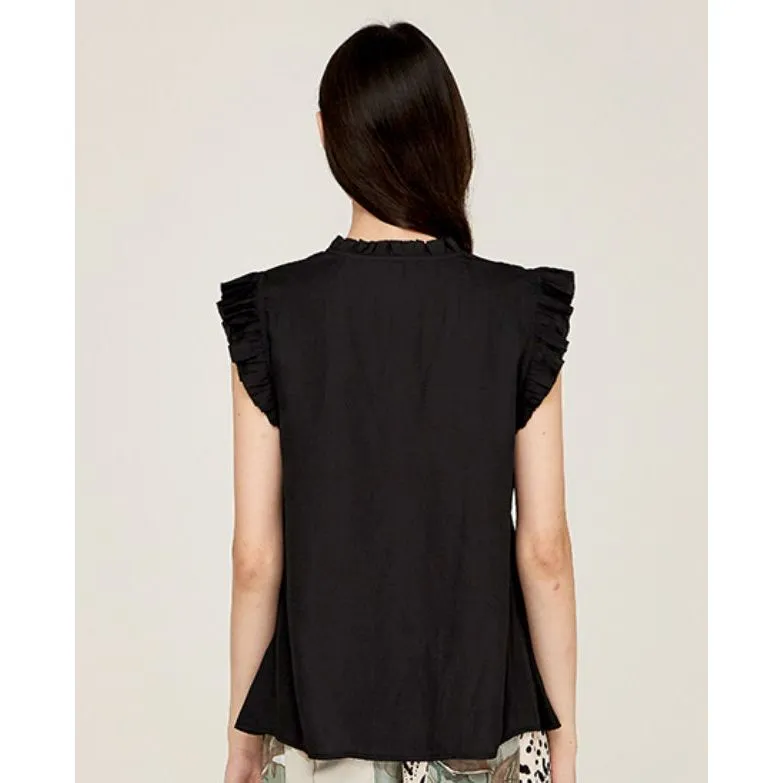 Jenna Grade and Gather Black Ruffle Sleeve Satin Blouse