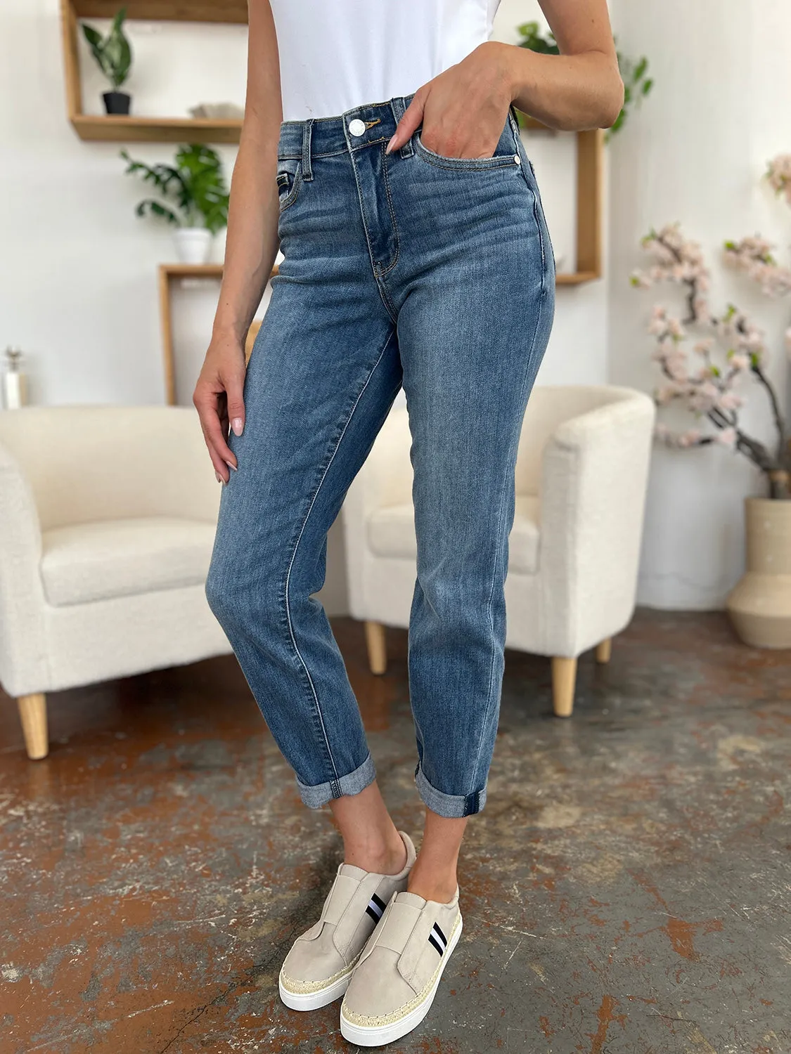 Judy Blue Full Size Cuffed Hem Low Waist Slim Jeans