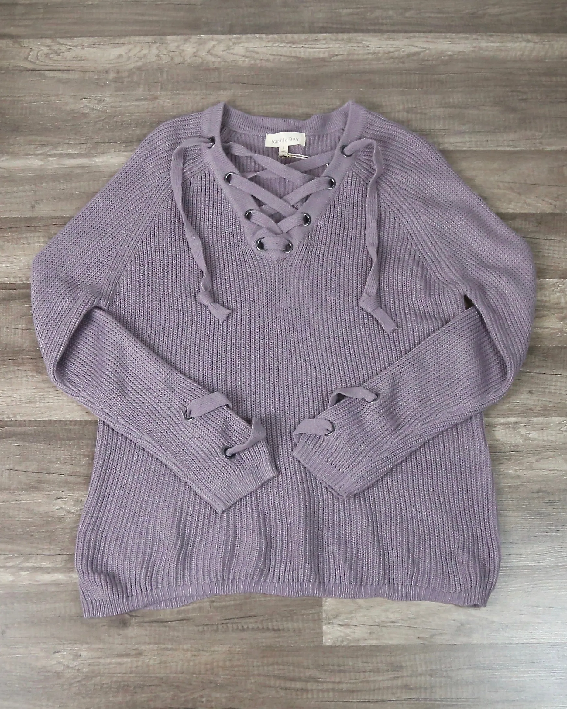 Lace Up Grommet Knit Sweater in Dusty Purple