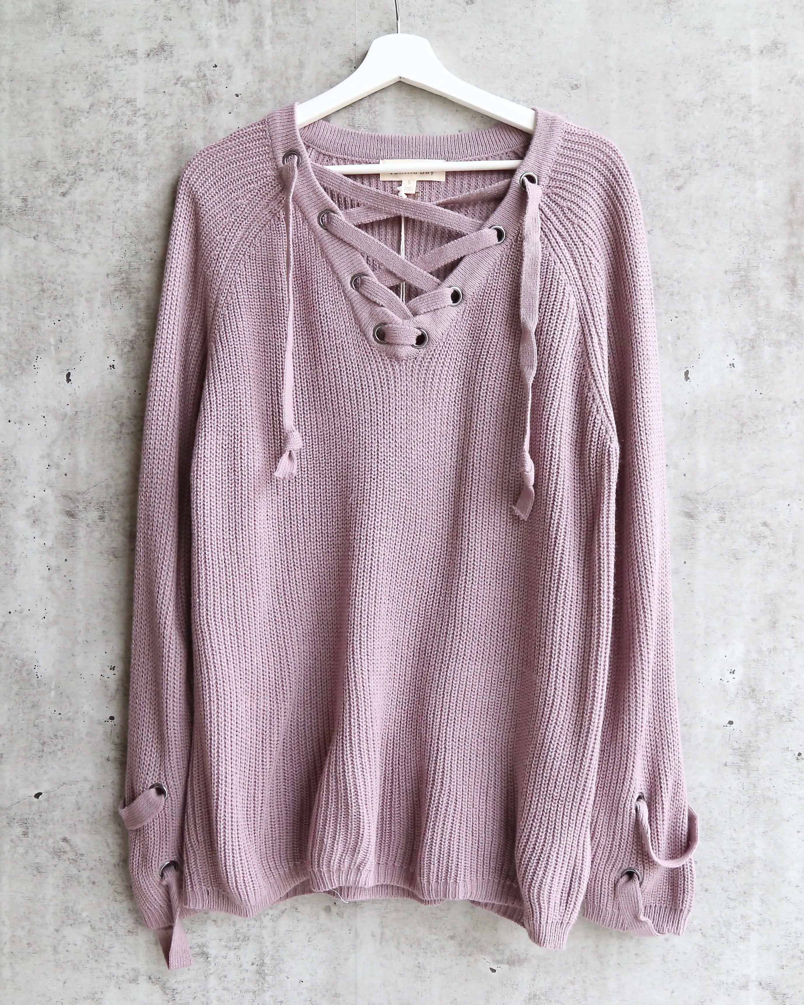 Lace Up Grommet Knit Sweater in Dusty Purple