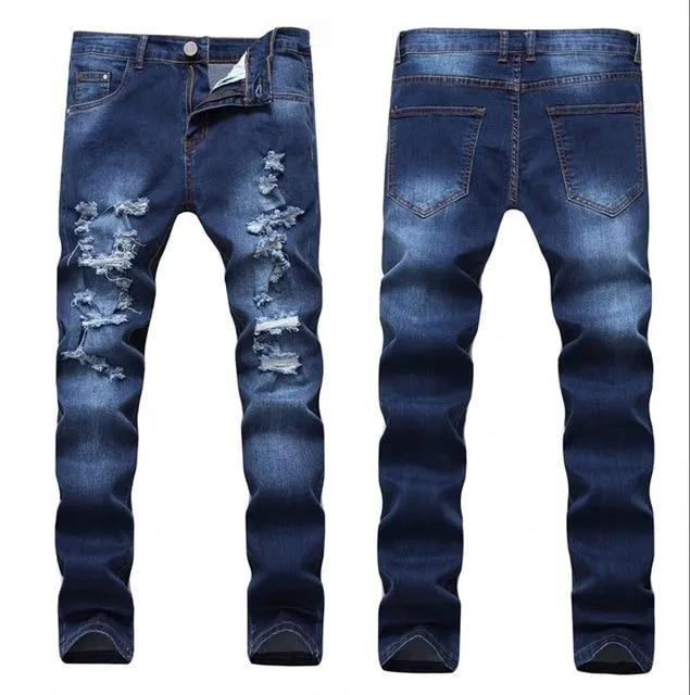 Light Blue Denim Designer Ripped Jeans Slim Fit Joggers Pants for Men