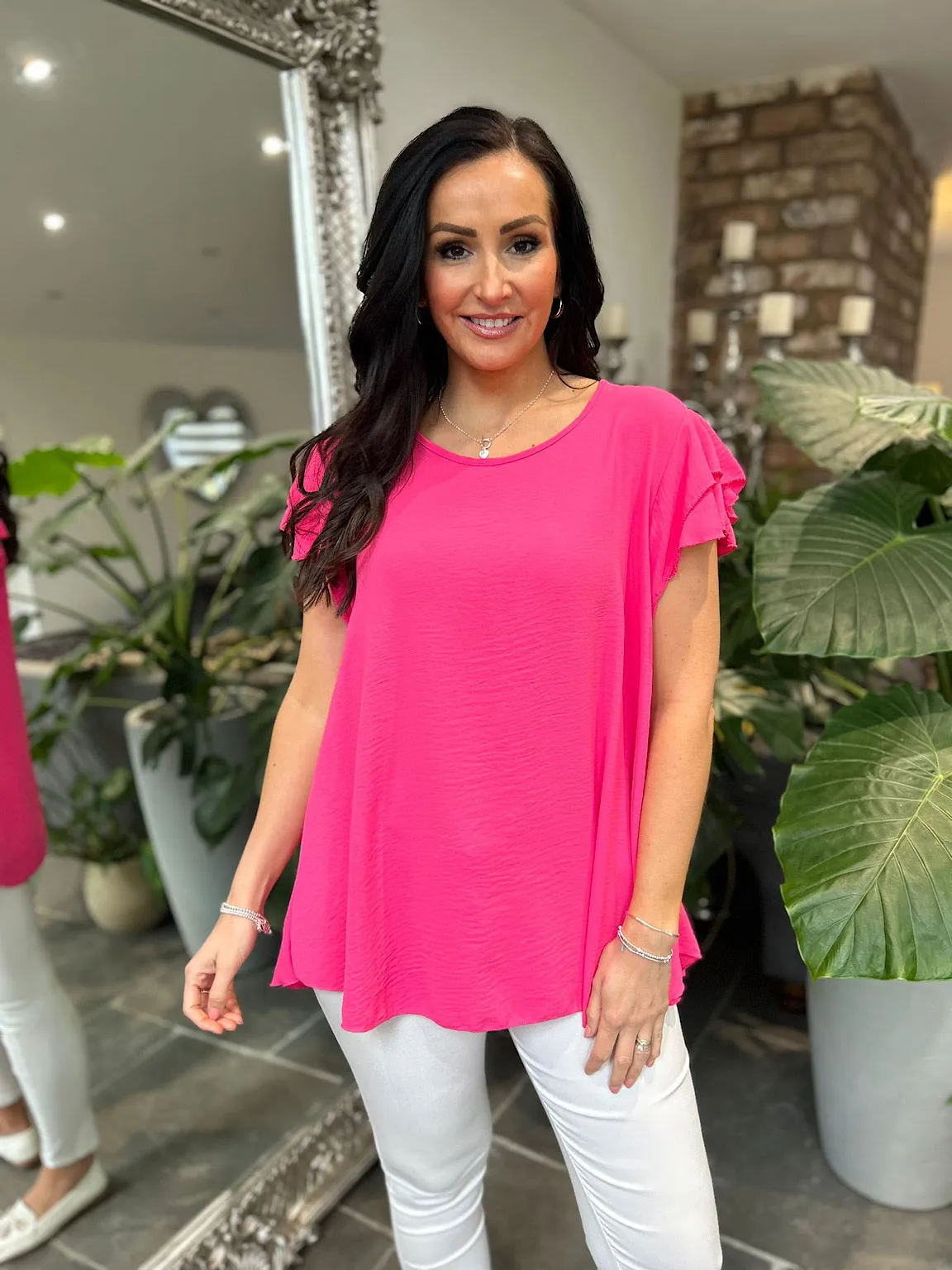 Lipstick Pink Crepe Frill Sleeve Blouse Lilly