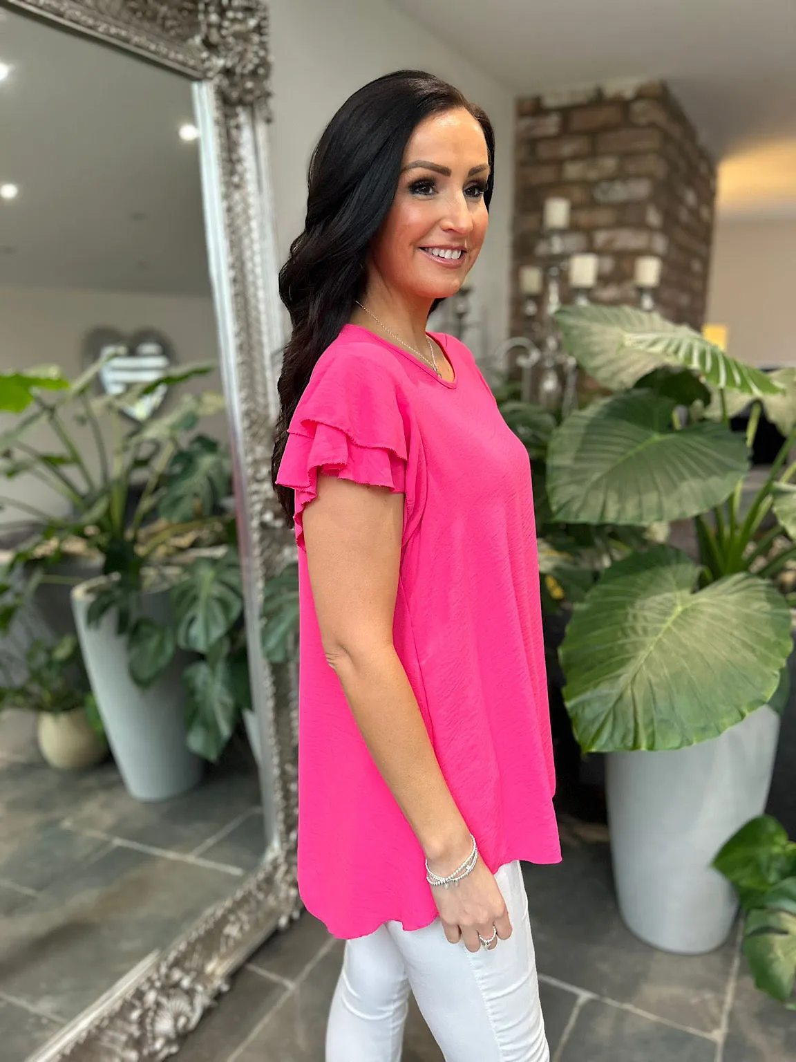 Lipstick Pink Crepe Frill Sleeve Blouse Lilly