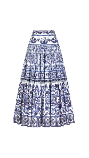 Long Majolica-print Poplin Skirt - Blue\White