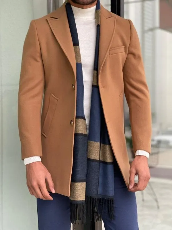 Mantonis Camel Slim Fit Single Breasted Wool Long Coat