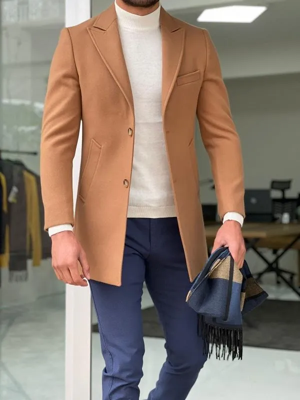 Mantonis Camel Slim Fit Single Breasted Wool Long Coat