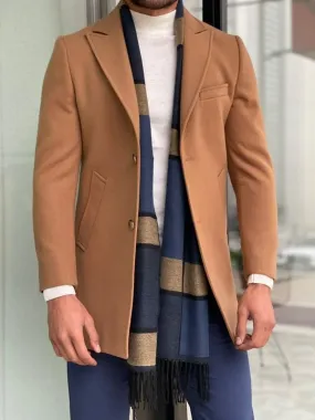 Mantonis Camel Slim Fit Single Breasted Wool Long Coat