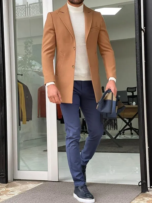 Mantonis Camel Slim Fit Single Breasted Wool Long Coat