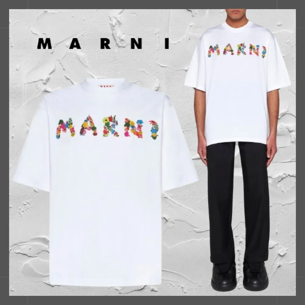 MARNI  |Crew Neck Flower Patterns Cotton Short Sleeves Logo