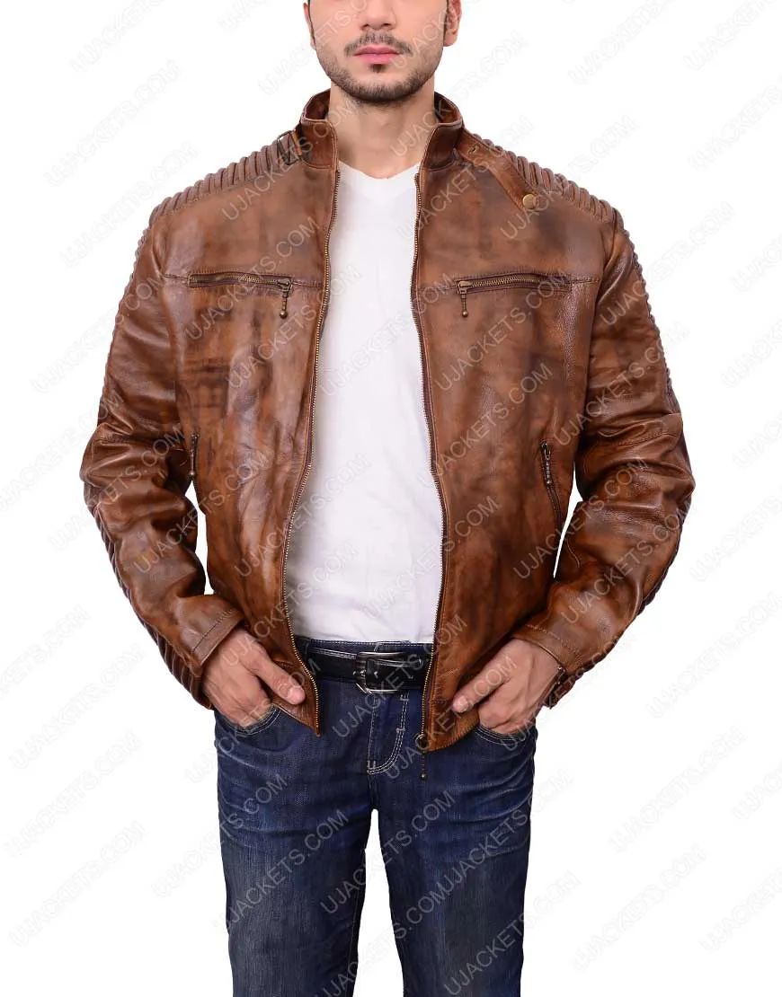 Mens Distressed Biker Brown Cafe Racer Jacket - Ujackets