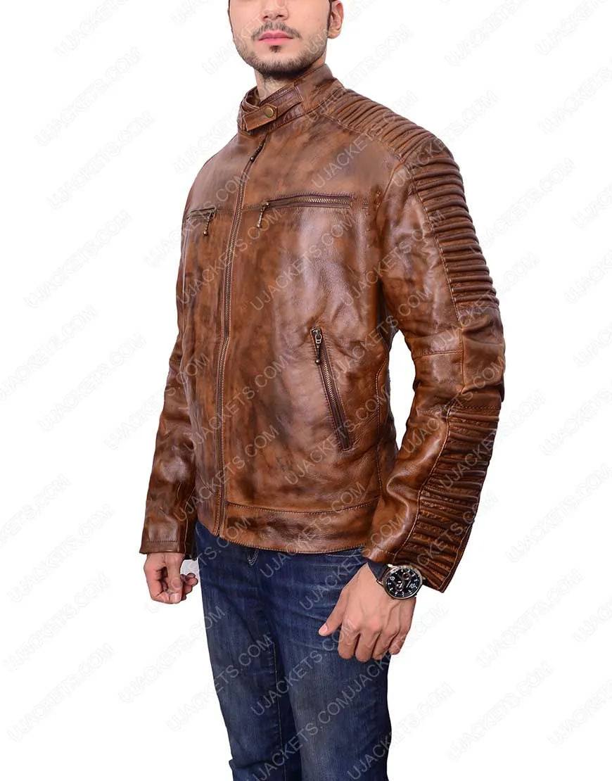 Mens Distressed Biker Brown Cafe Racer Jacket - Ujackets