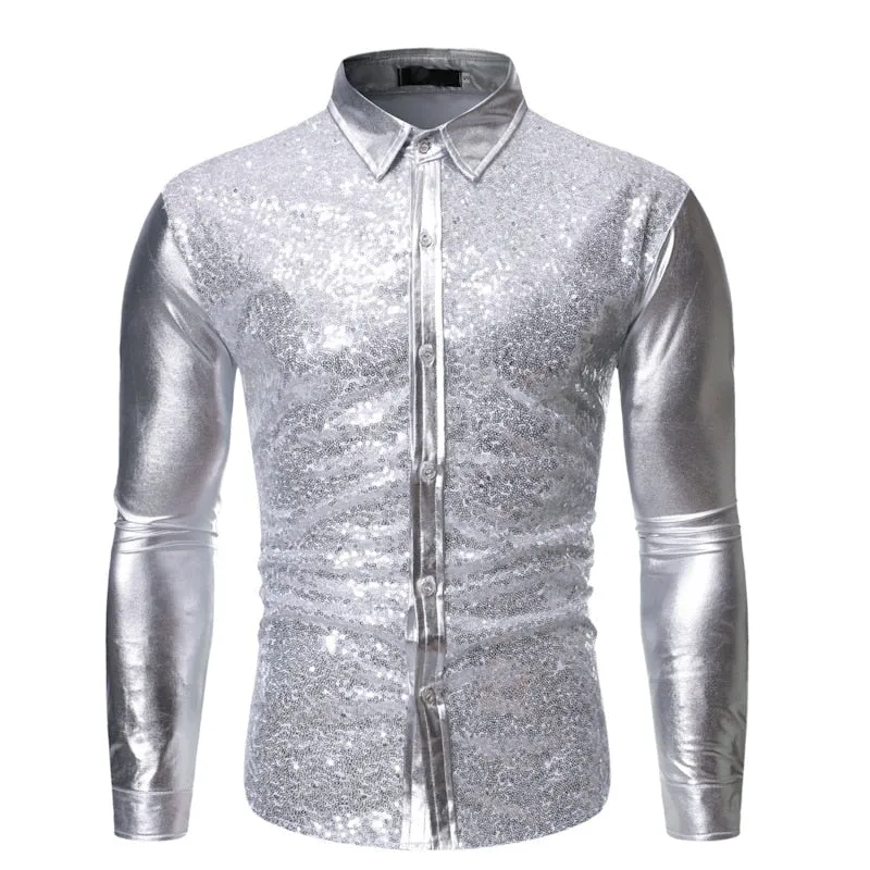 Men's Hip Hop Style Shiny Sequins Slim Fit Long Sleeve Dress Shirt